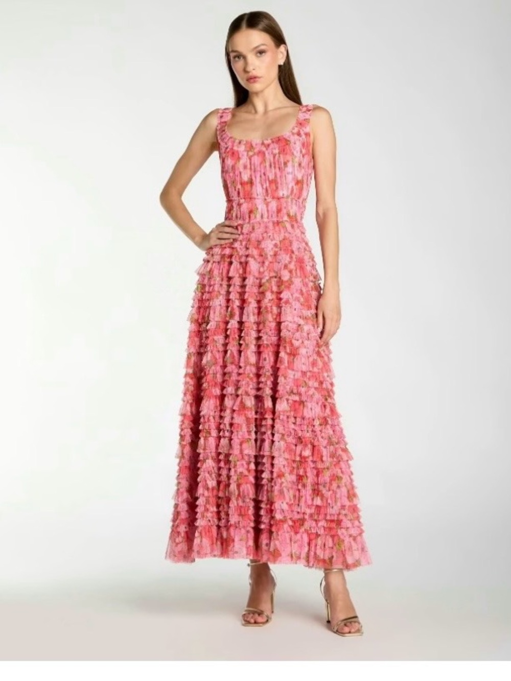 Mac Duggal Pink Multicolor Pink Floral Tiered Ruffle Maxi Dress Sz 2